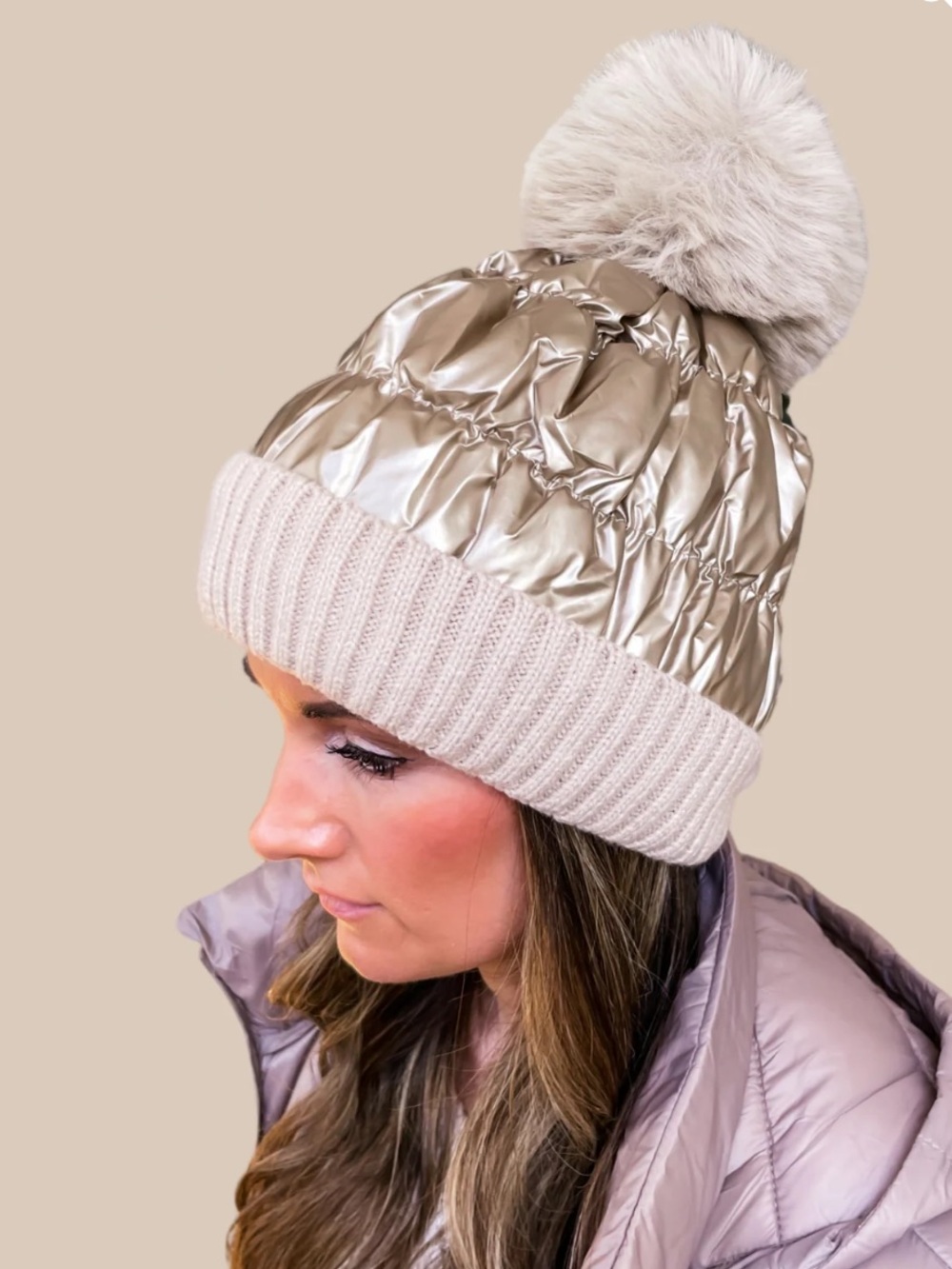 Metallic Quilted Pom Beanie in Cream